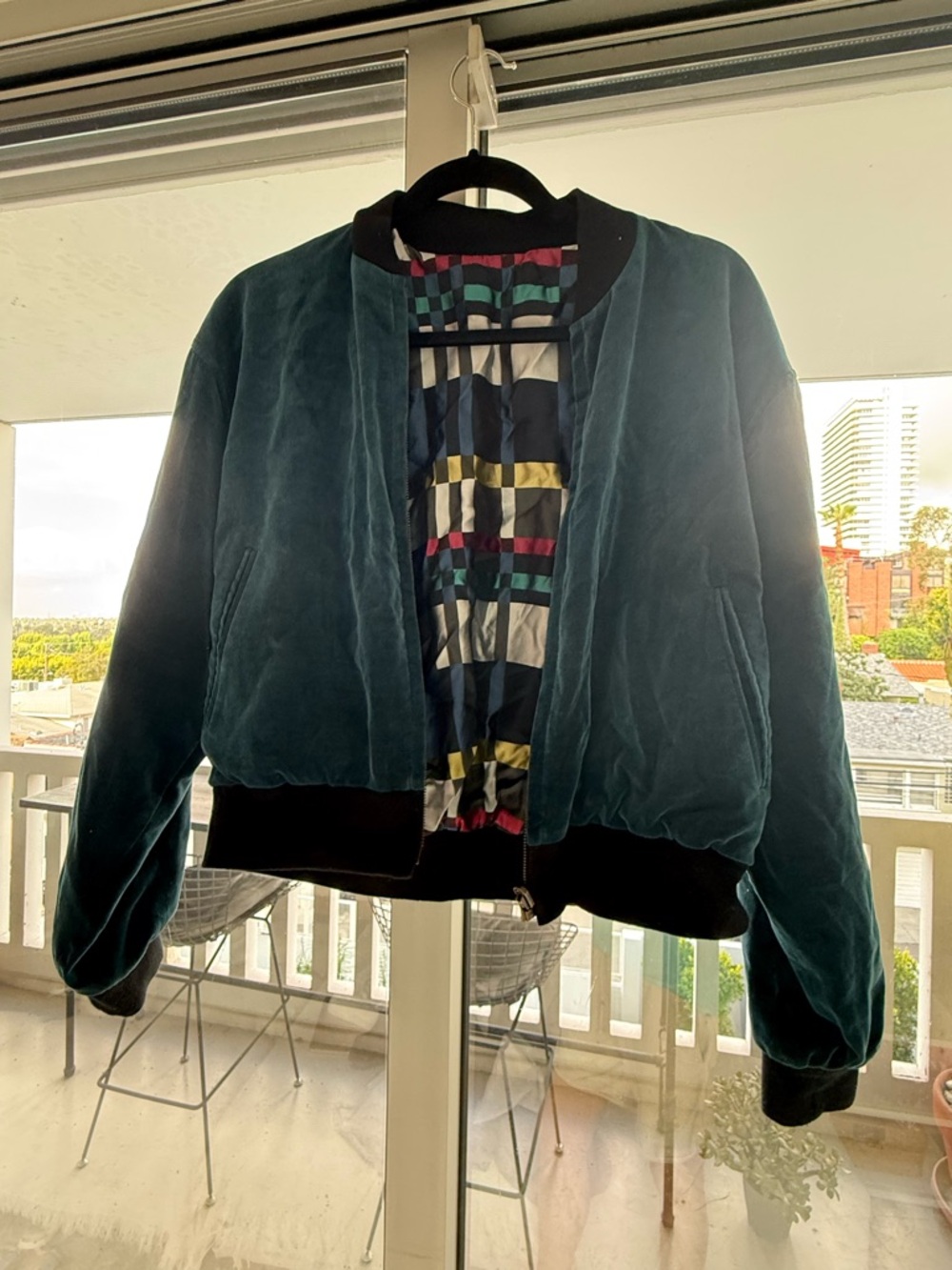 John Elliott Reversible Teal Velvet Bomber Jacket with Multicolor option